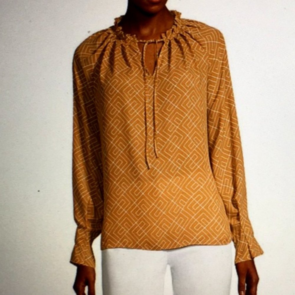 Worthington Mustard Yellow Patterned Long Sleeve Blouse